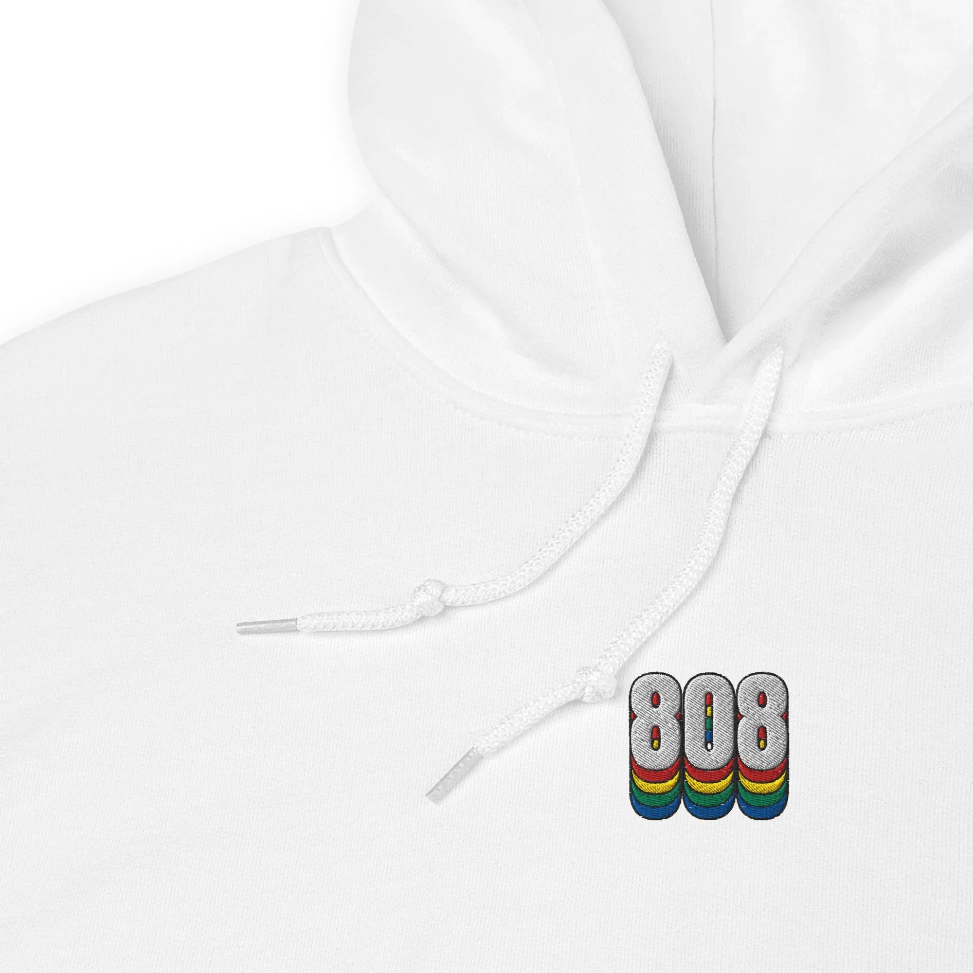 White hoodie with rainbow '808' logo on a white background
