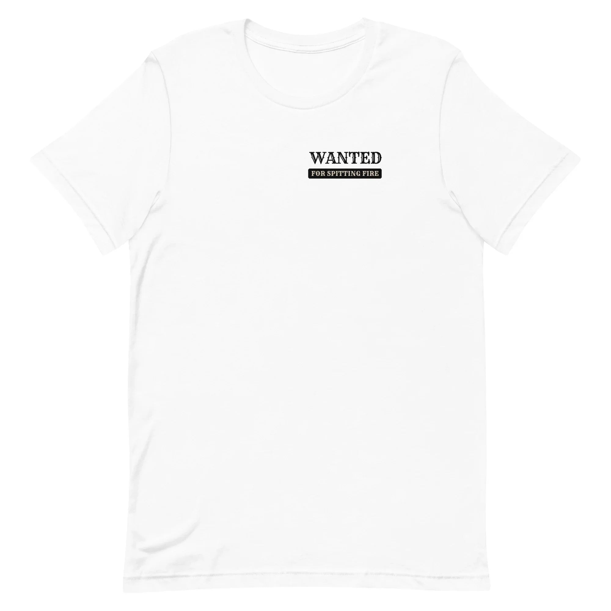White t-shirt with 'WANTED' text on a white background