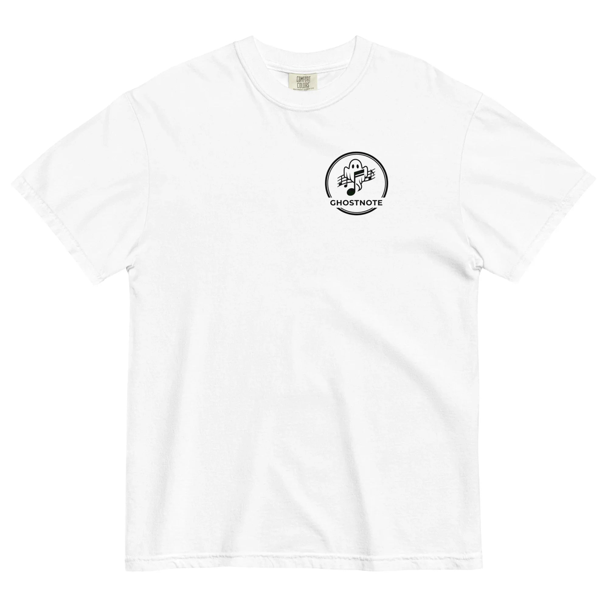 White t-shirt with a black Ghostnote streetwear band logo on a white background