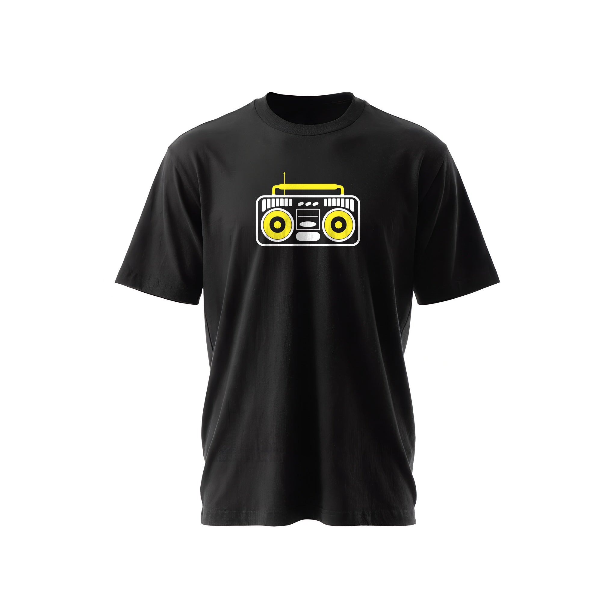 Black t-shirt with a white-and-yellow illustration of an old-school boombox — Ghostnote hip-hop streetwear tee