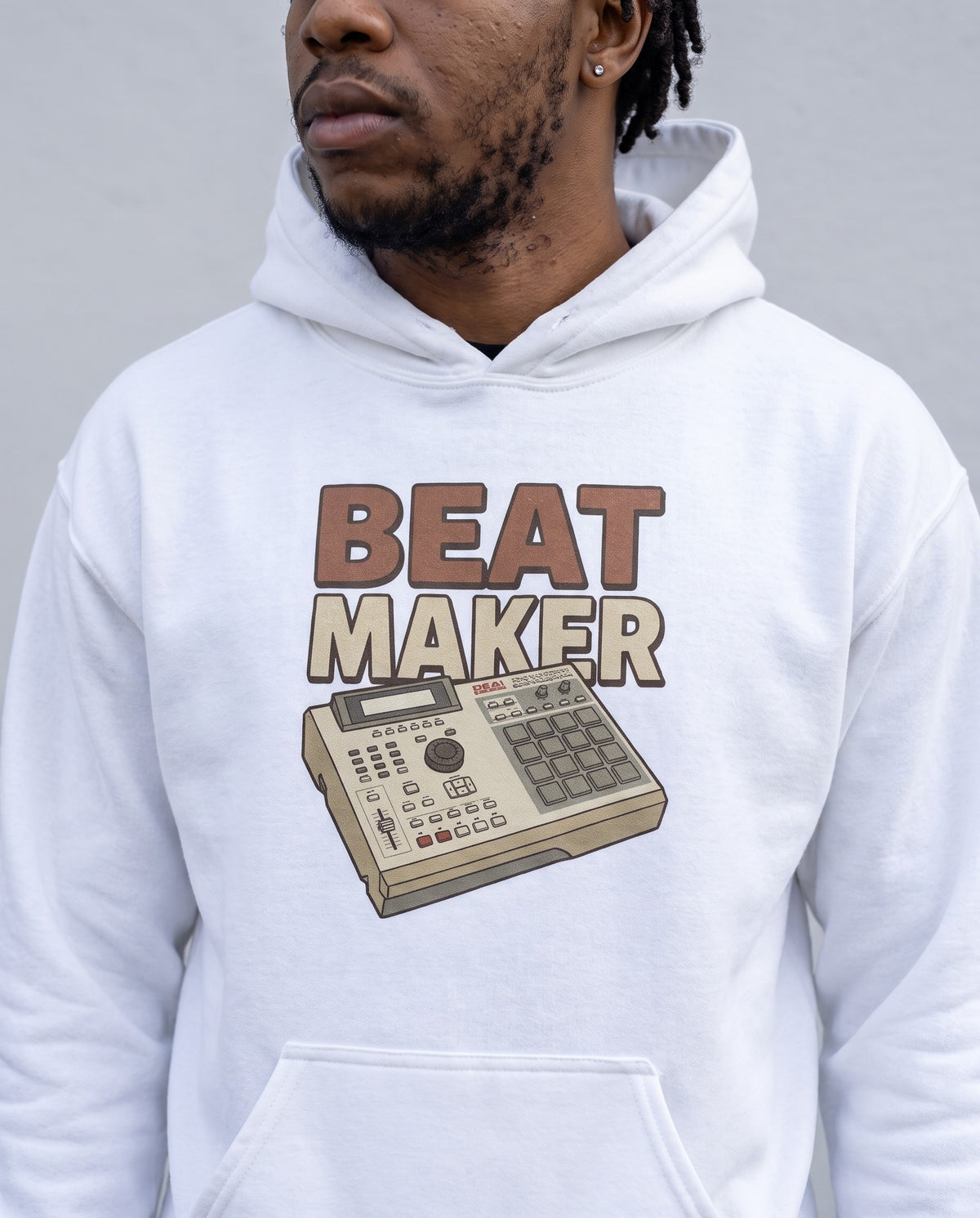 Model wearing the Beat Maker Hoodie in White, print close-up