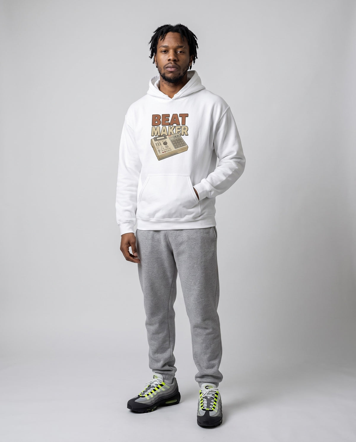 Model wearing the Beat Maker Hoodie in White, full length