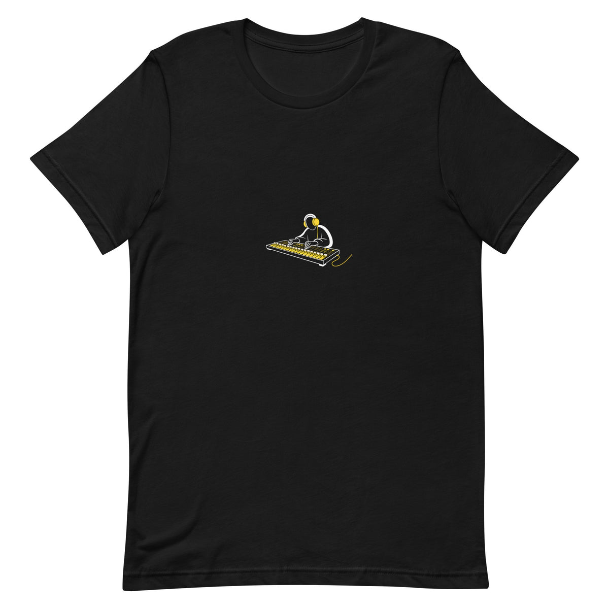 Black t-shirt with a white-and-yellow illustration of an audio engineer at a mixing board — Ghostnote streetwear tee, flat front