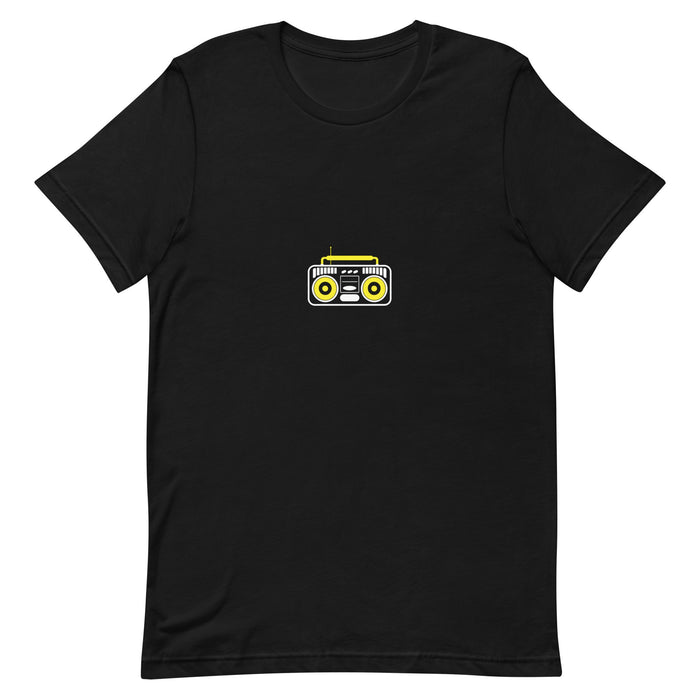 Black t-shirt with a white-and-yellow illustration of an old-school boombox — Ghostnote hip-hop streetwear tee, flat front
