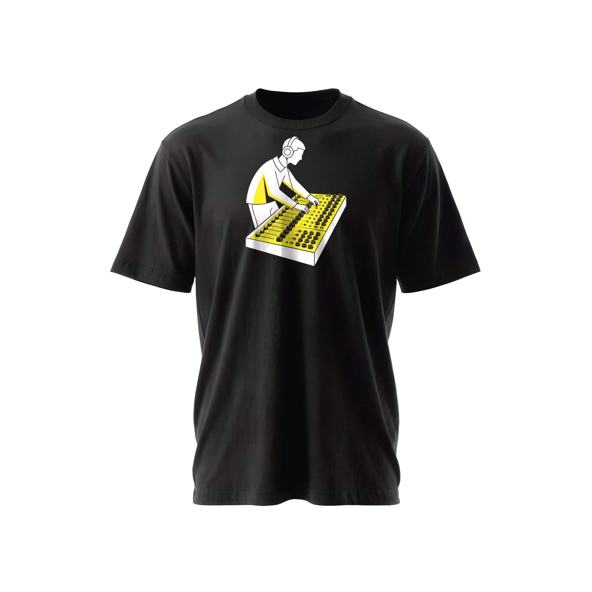 Black t-shirt with a white-and-yellow illustration of an audio engineer working at a mixing console — Ghostnote streetwear tee