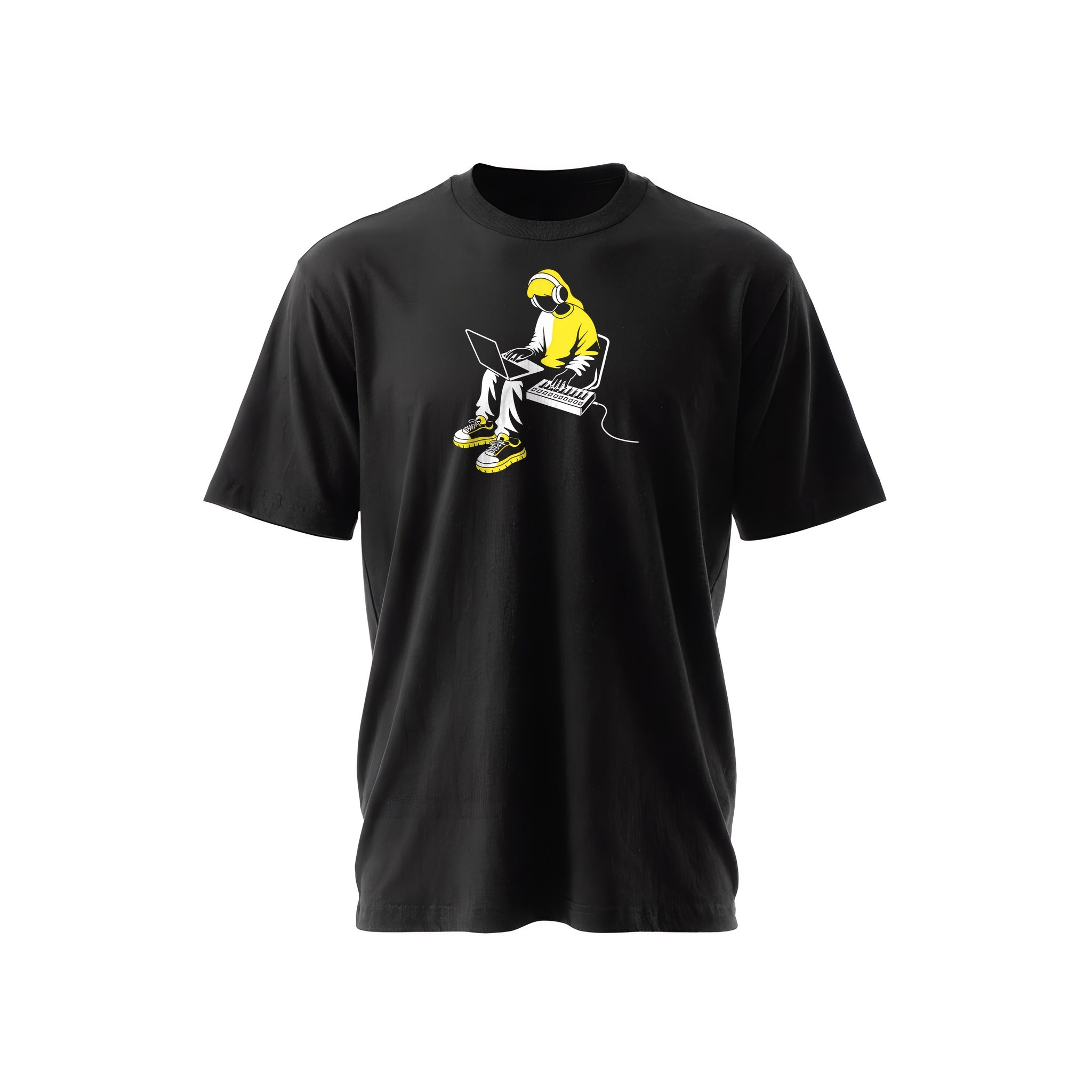 Black t-shirt with a white-and-yellow illustration of a producer making beats on a laptop — Ghostnote music producer tee