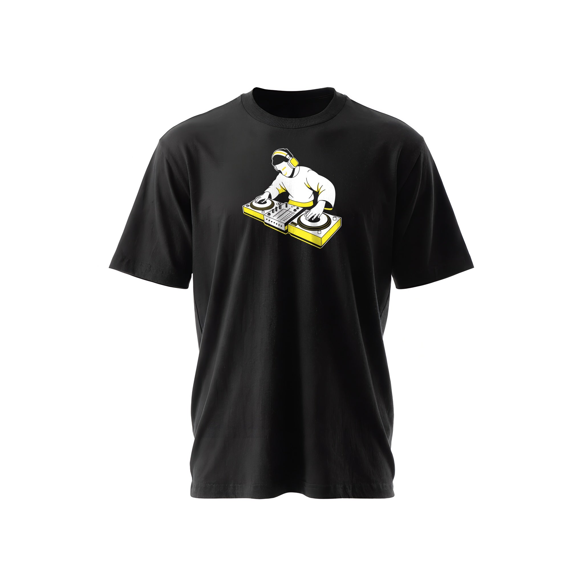 Black t-shirt with a white-and-yellow illustration of a DJ at the turntables — Ghostnote hip-hop streetwear tee