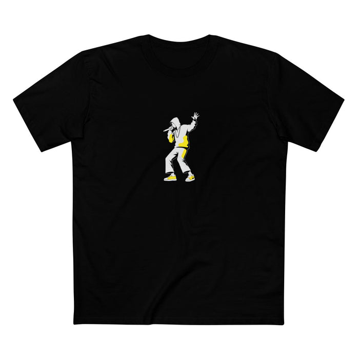 Black t-shirt with a white-and-yellow illustration of a rapper performing on stage — Ghostnote rapper streetwear tee