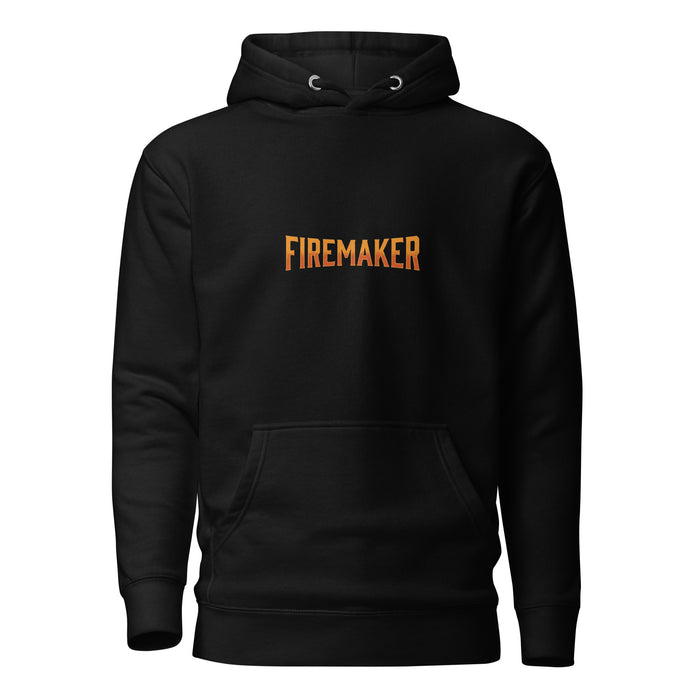Black hoodie with 'FIREMAKER' in bold orange text on the chest — Ghostnote hip-hop streetwear