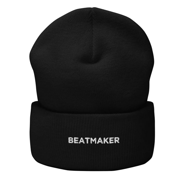 Black cuffed beanie with 'BEATMAKER' embroidered in white on the fold — Ghostnote music producer streetwear