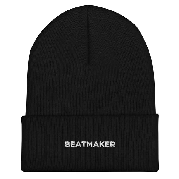 Beatmaker hip hop beanie, black cuffed knit with white BEATMAKER embroidery, flat front