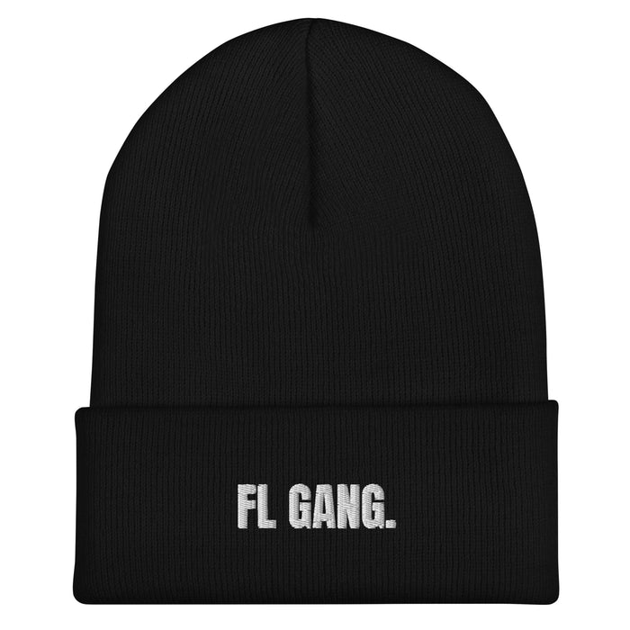 Black cuffed beanie with 'FL GANG.' embroidered in white on the fold — Ghostnote FL Studio producer streetwear