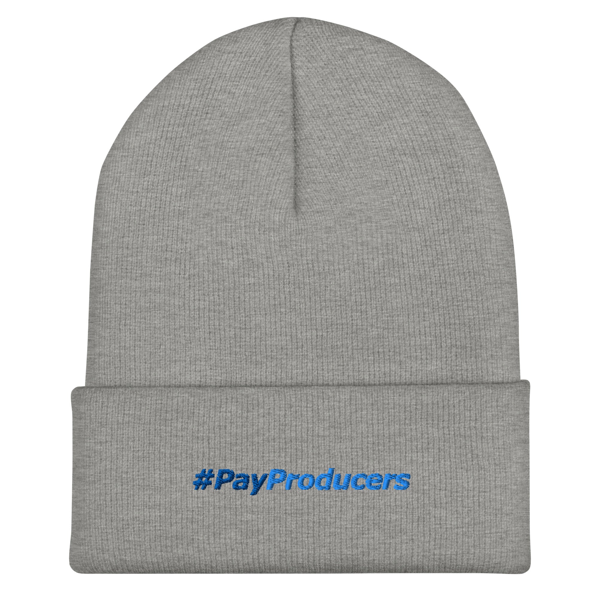 White cuffed beanie with '#PayProducers' embroidered in blue on the fold — Ghostnote music producer streetwear