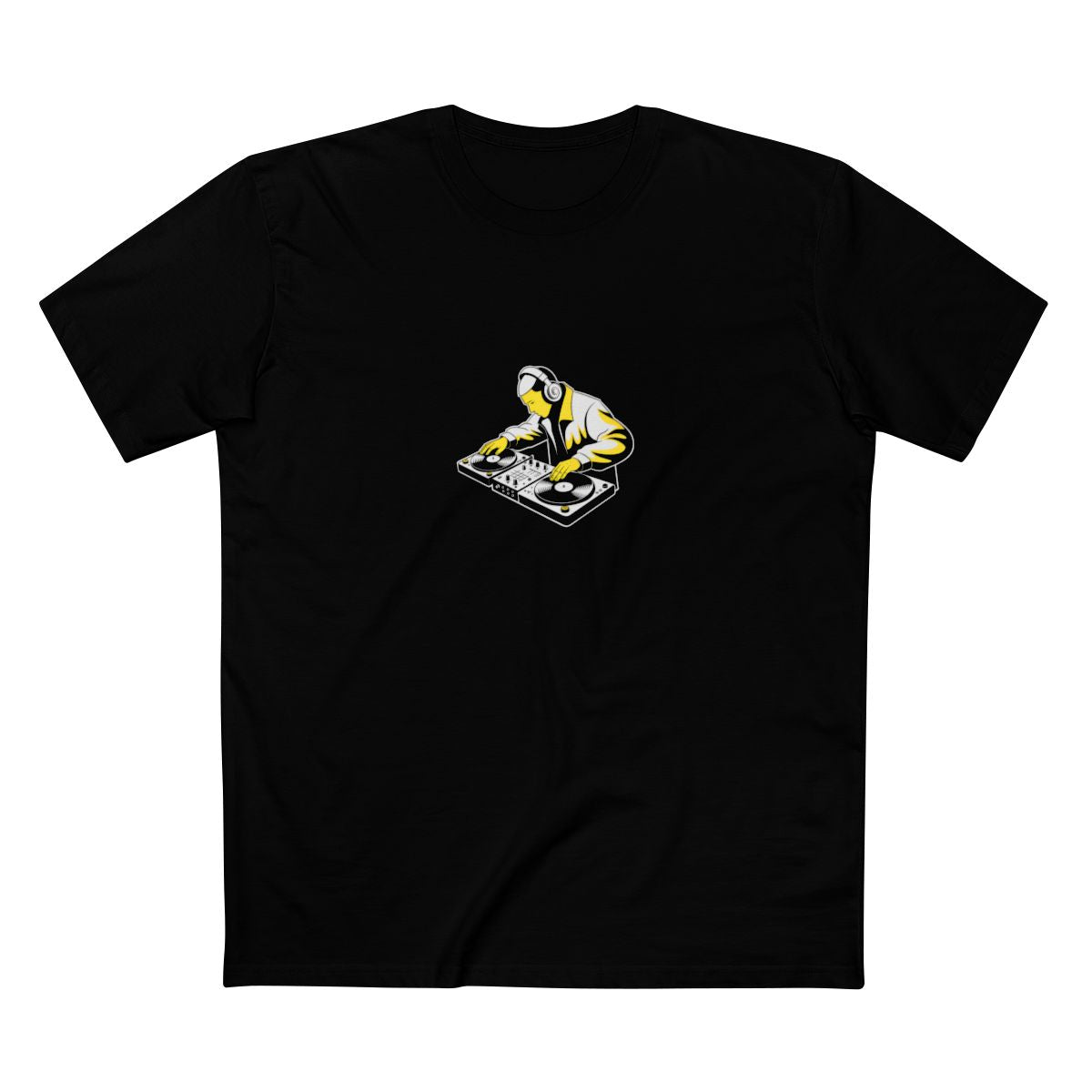 Black t-shirt with a white-and-yellow illustration of a DJ cutting on turntables — Ghostnote hip-hop streetwear tee, flat front