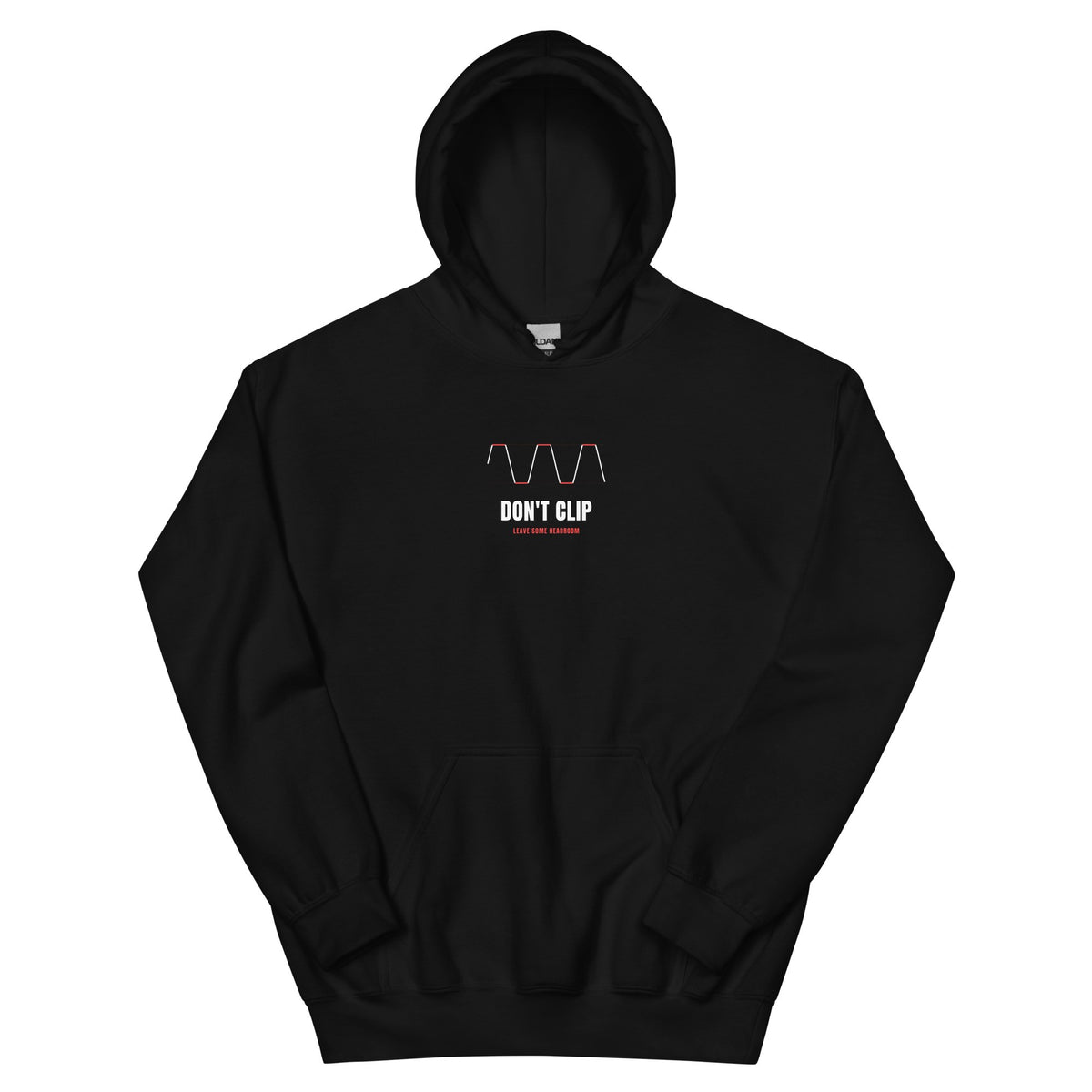 Black hoodie with a clipped waveform (flat red peaks) and 'DON'T CLIP' on the chest — Ghostnote audio engineer streetwear, flat front