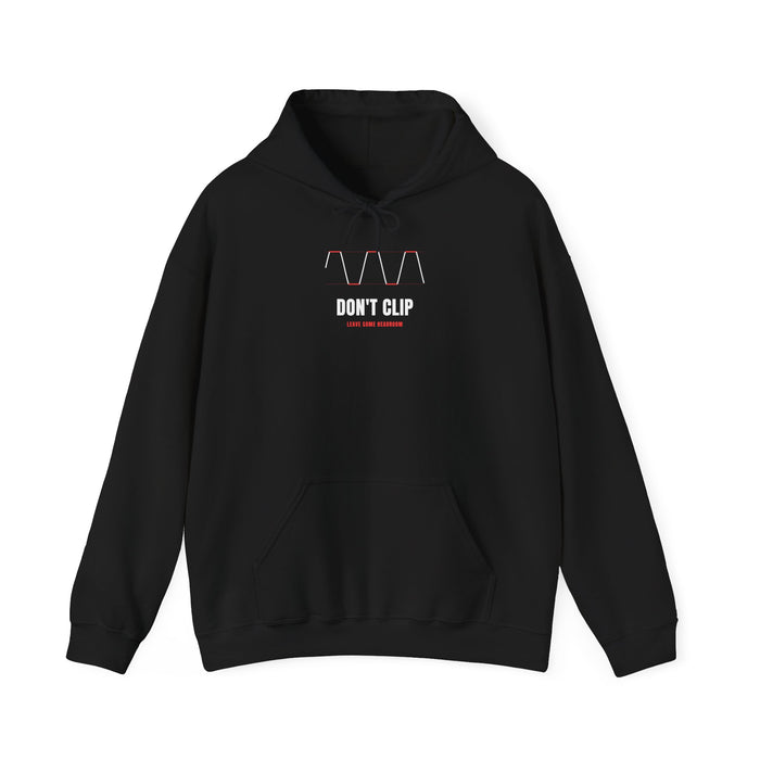Black hoodie with a clipped waveform (flat red peaks) and 'DON'T CLIP' on the chest — Ghostnote audio engineer streetwear