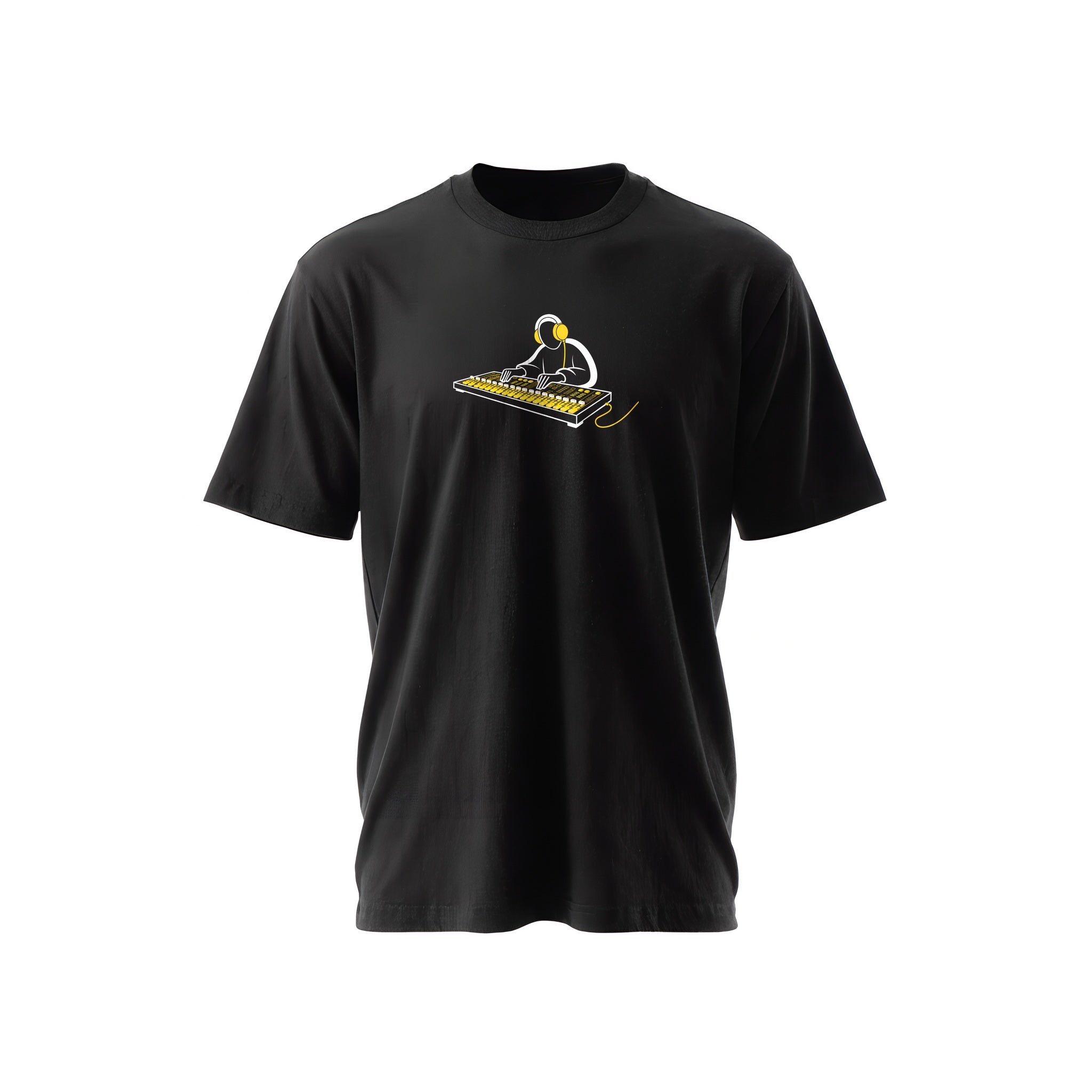 Black t-shirt with a white-and-yellow illustration of an audio engineer at a mixing board — Ghostnote streetwear tee