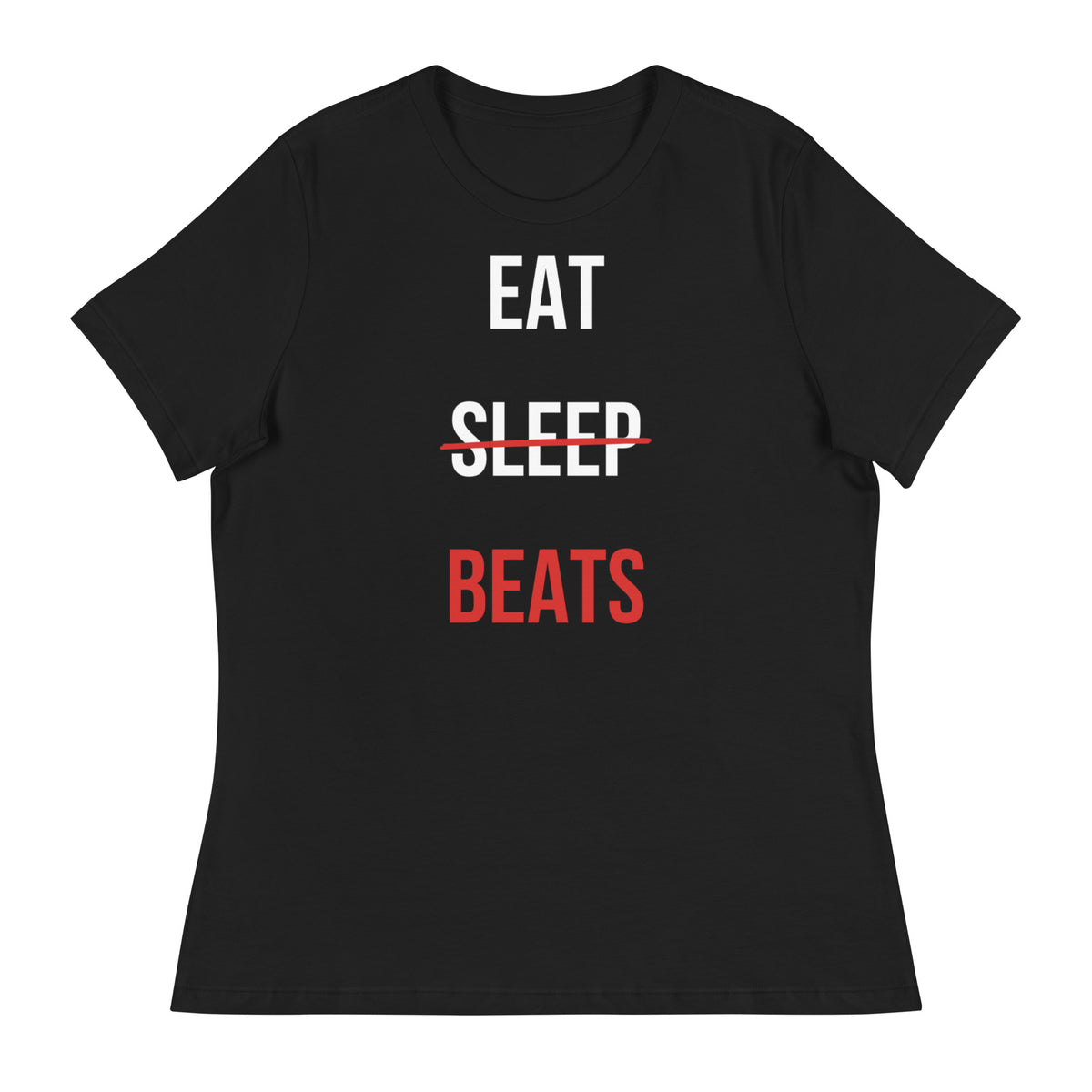 Eat Sleep Beats women's hip hop tee in Black, flat front