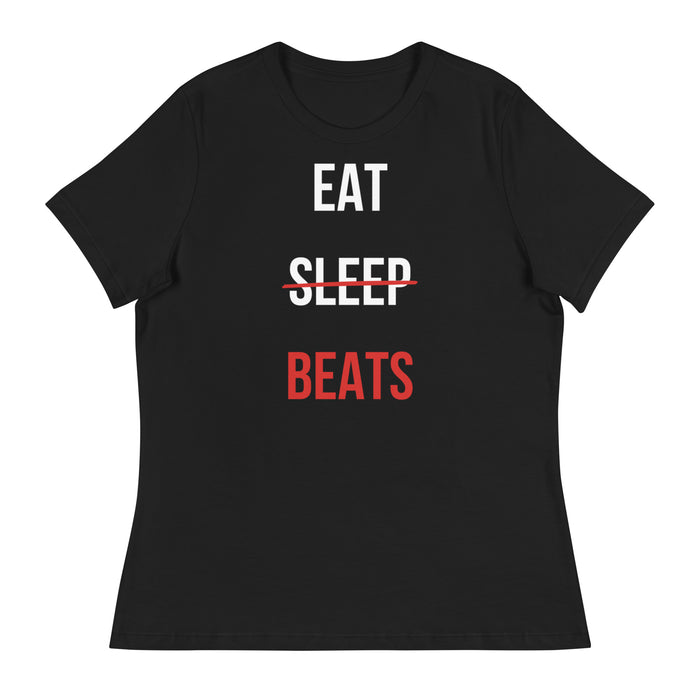Eat Sleep Beats women's hip hop tee in Black, flat front
