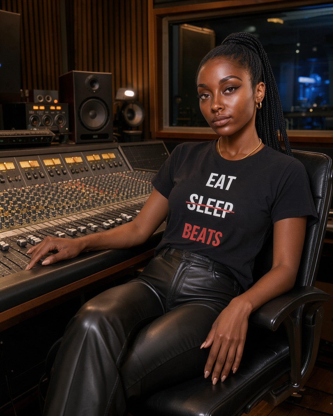 Model wearing the Eat Sleep Beats Women's Tee in Black