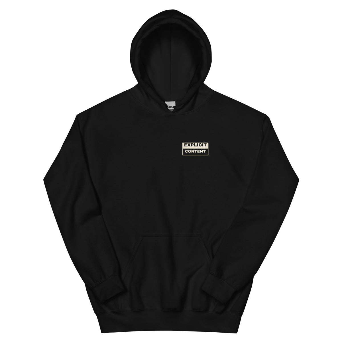 Explicit Content hip hop hoodie in Black, flat front