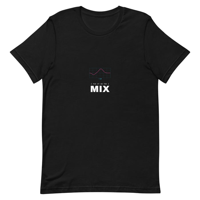 Black t-shirt with an EQ curve graphic and 'FIX IT IN THE MIX' text in white — Ghostnote audio engineer streetwear tee, flat front