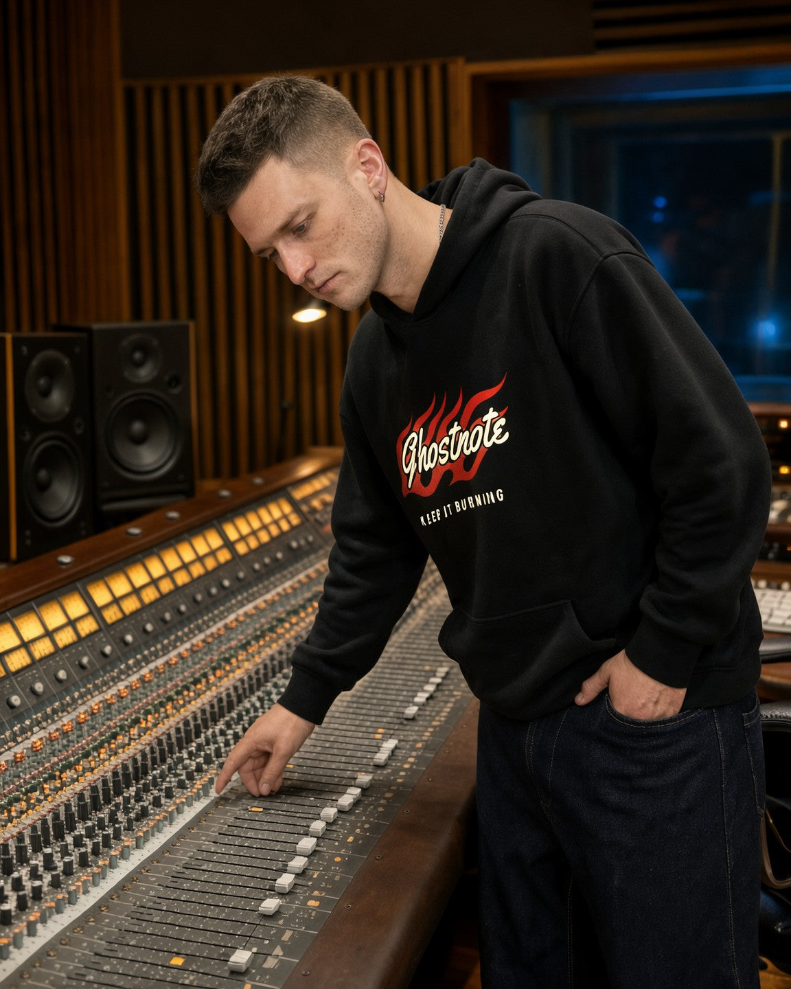 Man wearing the Ghostnote Flame hip hop hoodie in black, moving a fader on a studio console