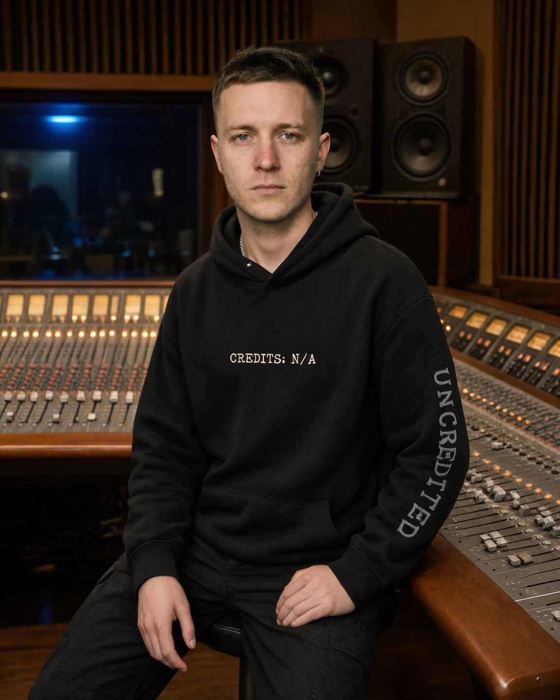 Model wearing the Ghostwritten Hoodie in Black