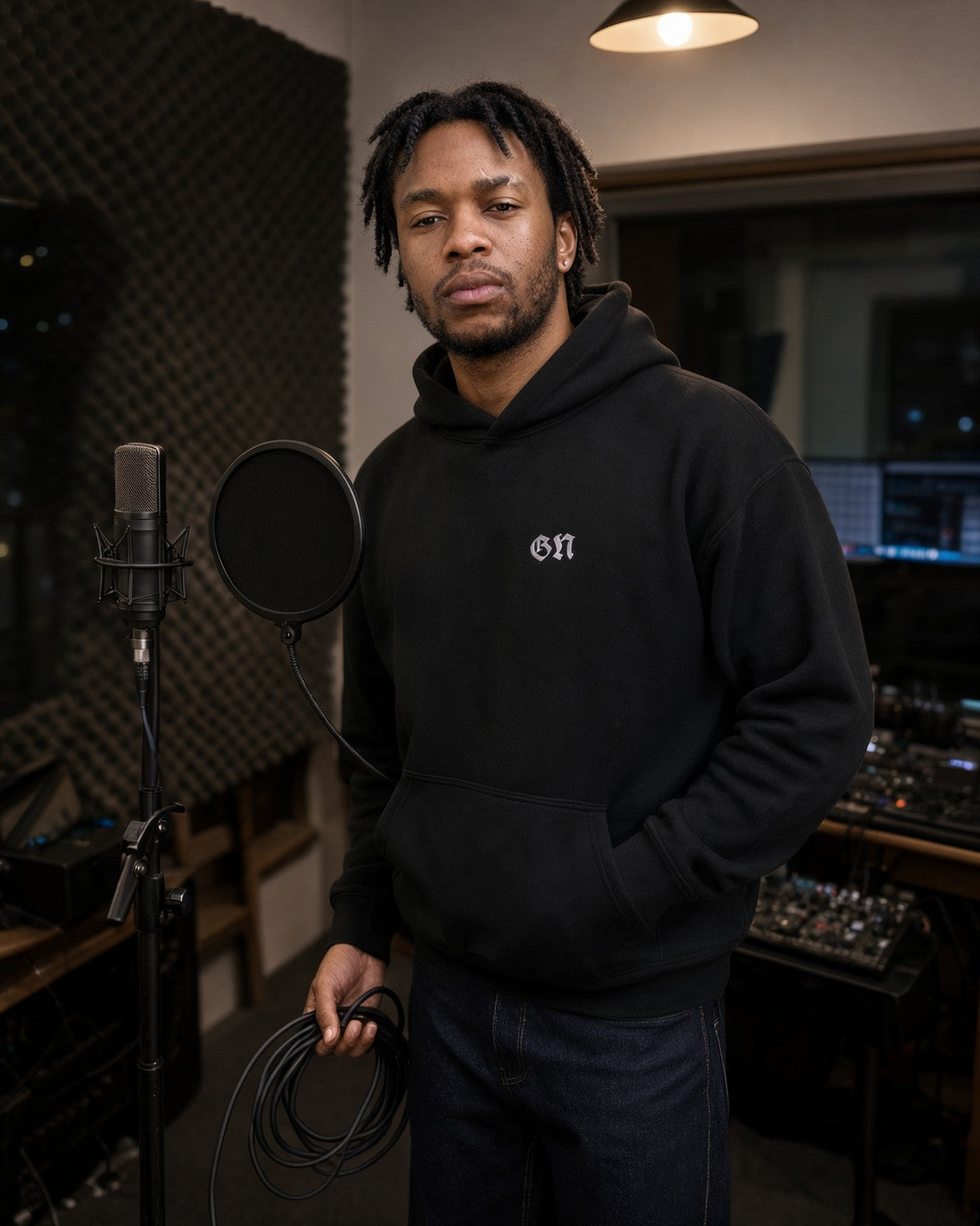 Model wearing the GN Monogram Embroidered Hoodie in Black