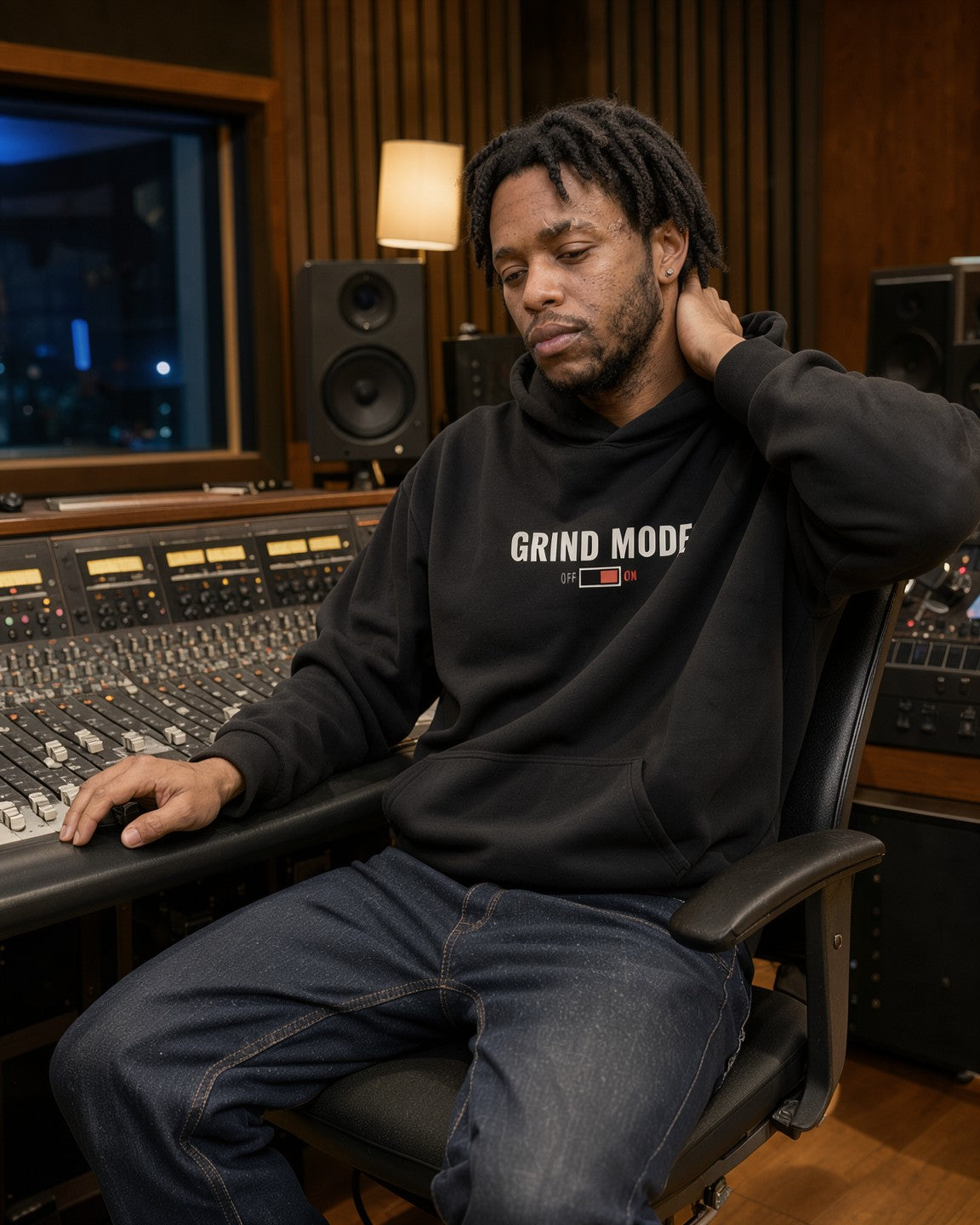 Model wearing the Grind Mode Hoodie in Black