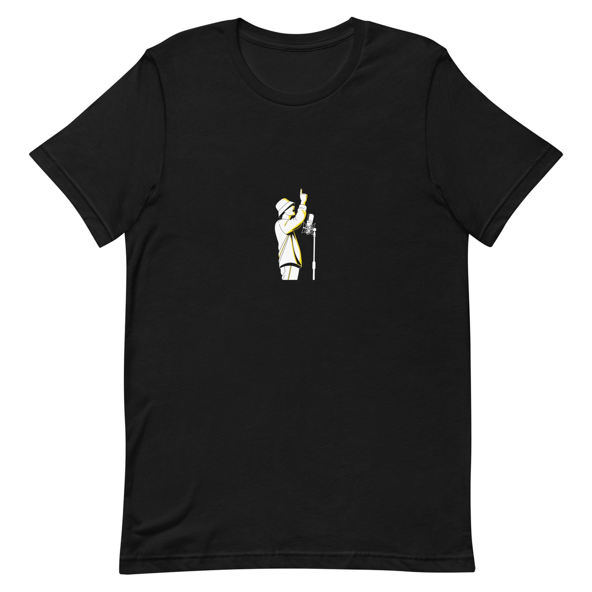 Black t-shirt with a white-and-yellow illustration of a rapper at a mic with arm raised — Ghostnote rapper streetwear tee, flat front