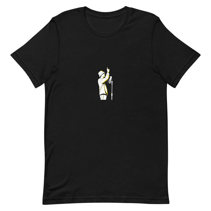 Black t-shirt with a white-and-yellow illustration of a rapper at a mic with arm raised — Ghostnote rapper streetwear tee, flat front