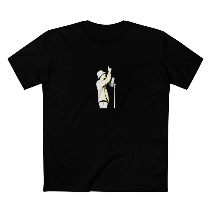 Black t-shirt with a white-and-yellow illustration of a rapper at a mic with arm raised — Ghostnote rapper streetwear tee