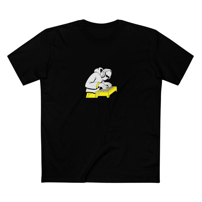 Black t-shirt with a white-and-yellow illustration of a beatmaker in headphones over an MPC — Ghostnote music producer tee