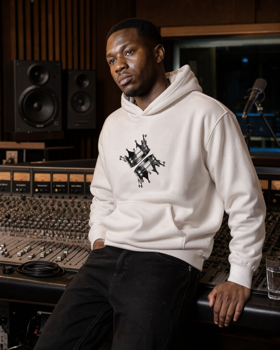Model wearing the King crown hoodie in White