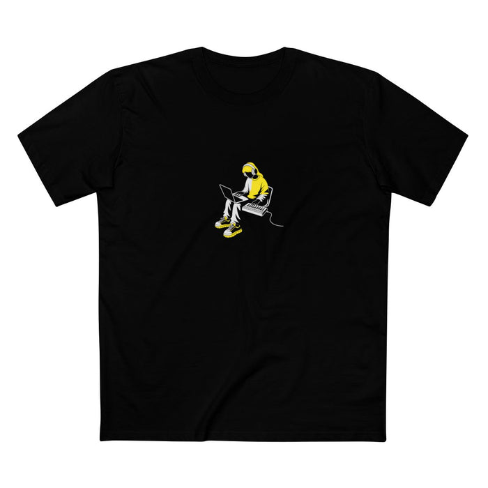 Black t-shirt with a white-and-yellow illustration of a producer making beats on a laptop — Ghostnote music producer tee