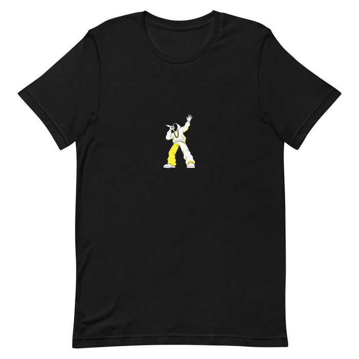 Black t-shirt with a white-and-yellow illustration of a rapper performing energetically — Ghostnote rapper streetwear tee, flat front