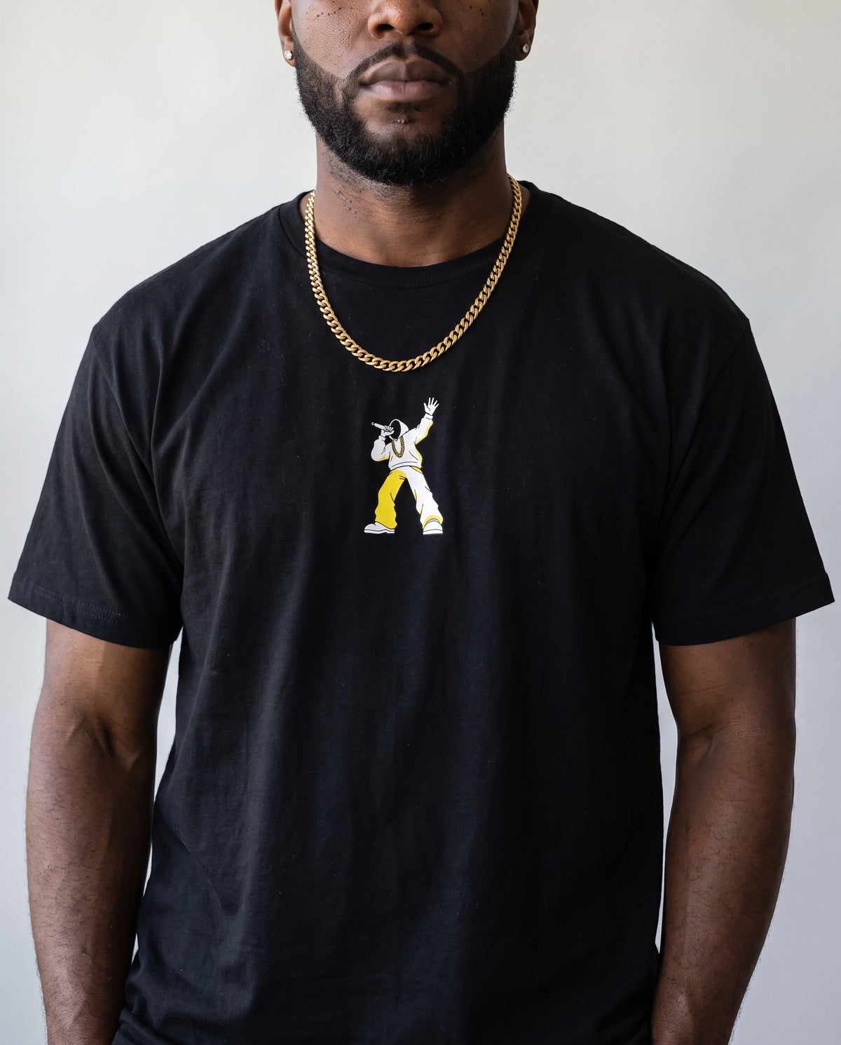 Model wearing the Move The Crowd t-shirt in Black, print close-up