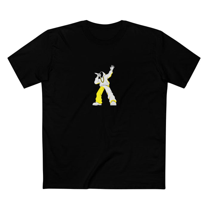 Black t-shirt with a white-and-yellow illustration of a rapper performing energetically — Ghostnote rapper streetwear tee