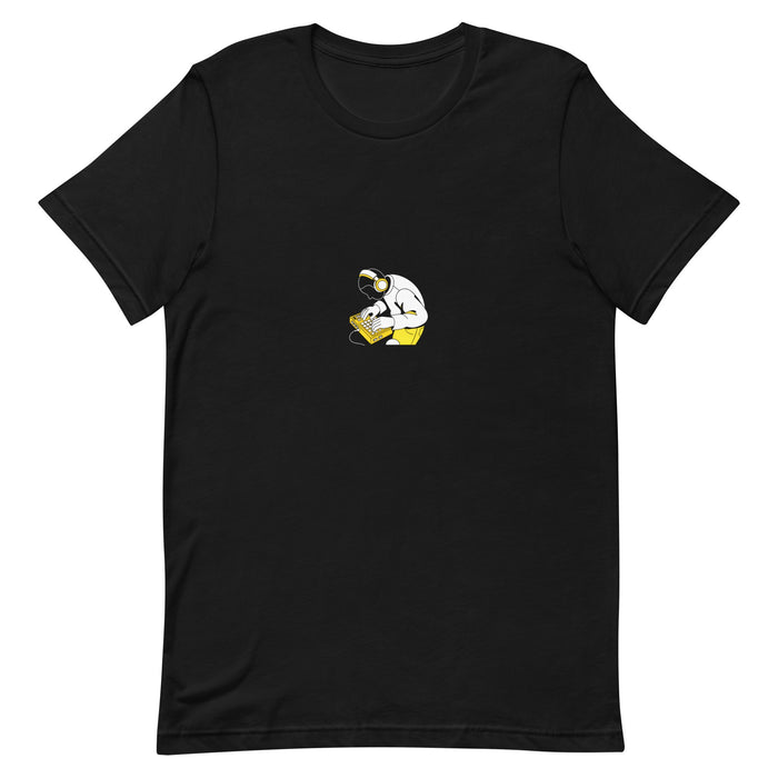 Black t-shirt with a white-and-yellow illustration of a beatmaker playing an MPC drum machine — Ghostnote music producer tee, flat front
