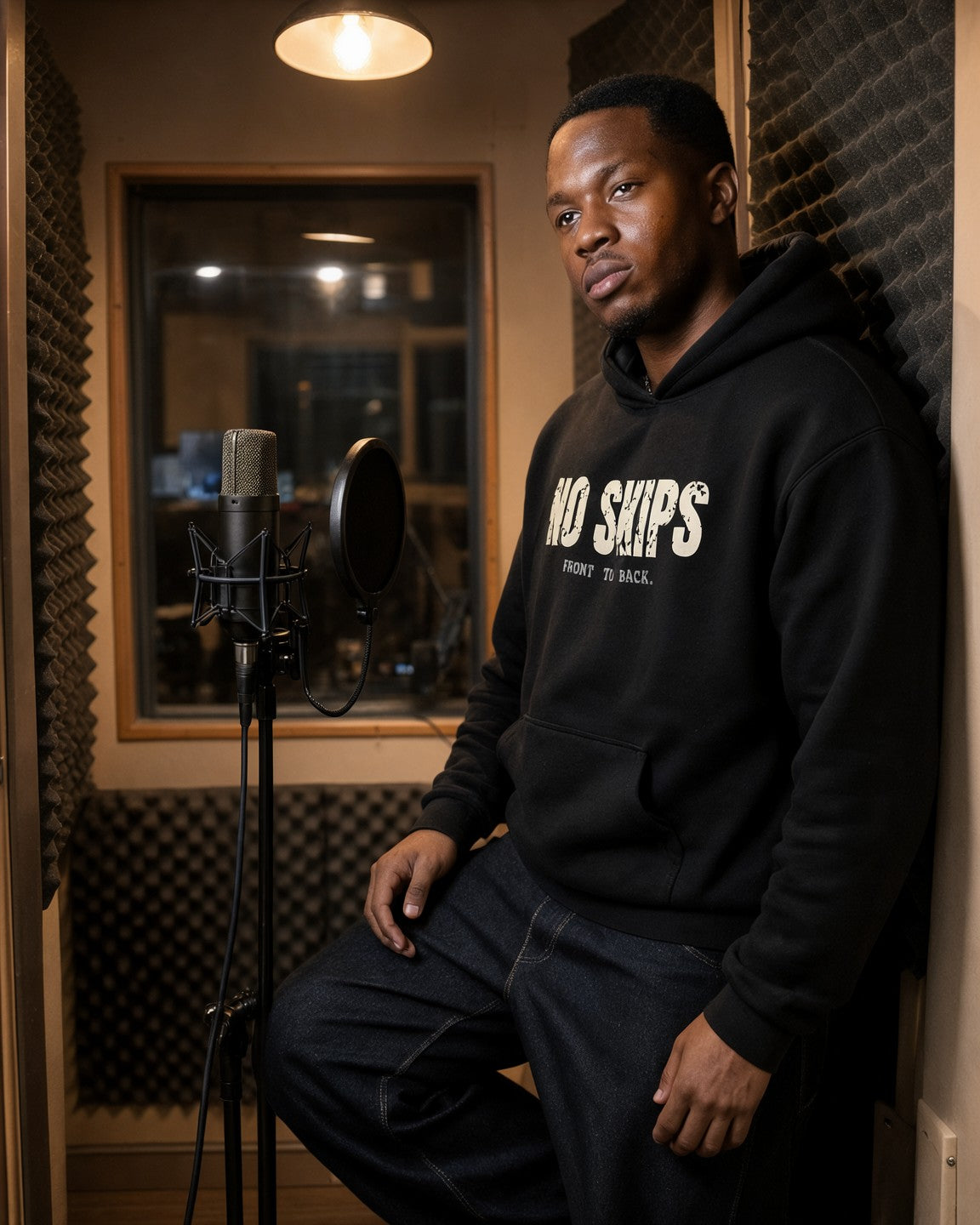 Model wearing the No Skips Hoodie in Black