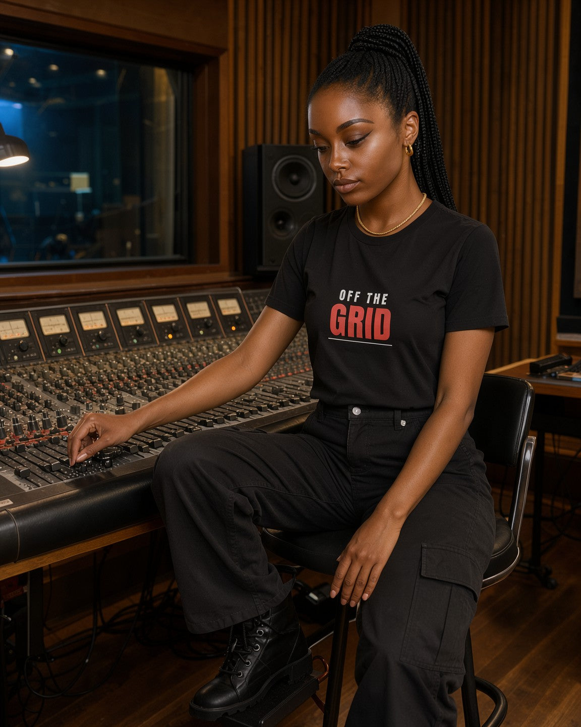 Model wearing the Off The Grid Women's Tee in Black