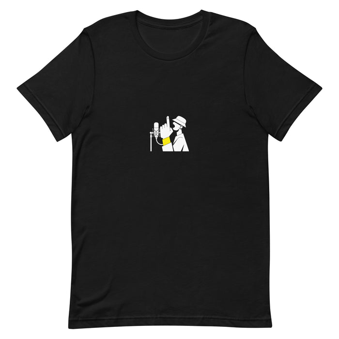 Black t-shirt with a white illustration of a hip-hop MC in a hat rapping into a studio condenser microphone, finger raised with a yellow wristband — Ghostnote 'On The Mic' rapper streetwear tee, flat front