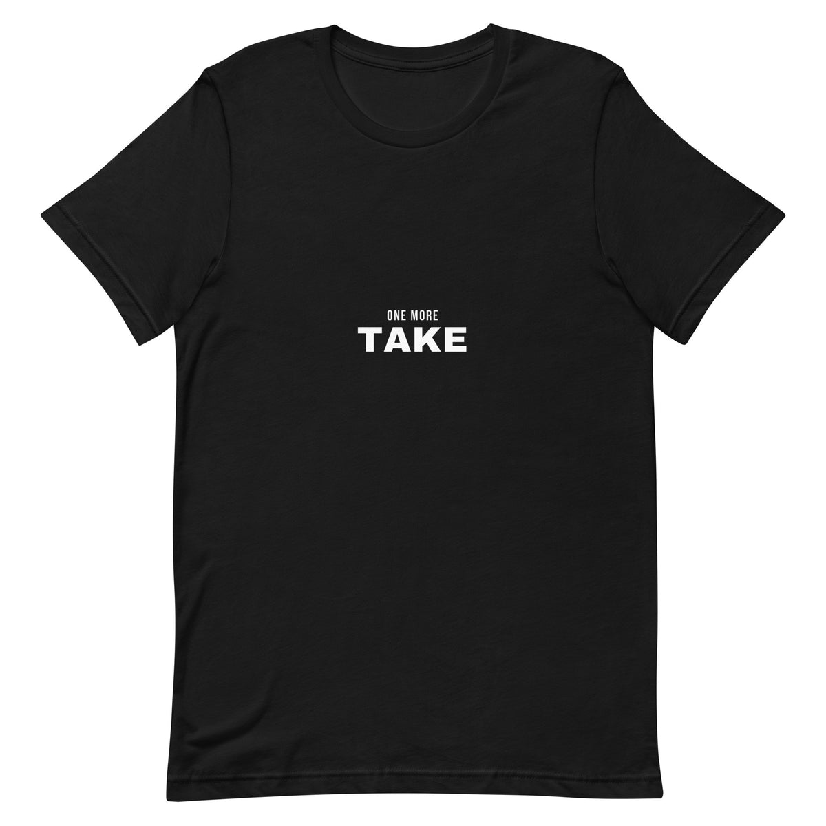 Black t-shirt with bold white 'ONE MORE TAKE' text — Ghostnote studio streetwear tee, flat front