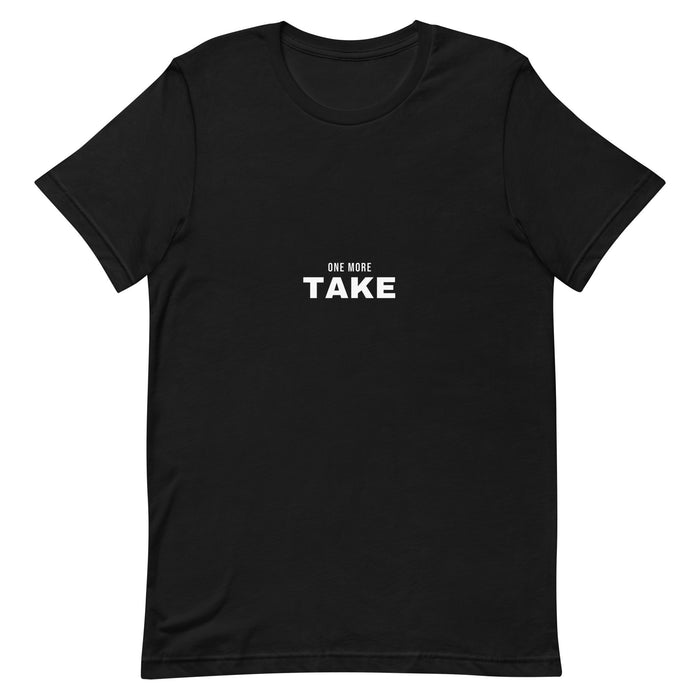 Black t-shirt with bold white 'ONE MORE TAKE' text — Ghostnote studio streetwear tee, flat front