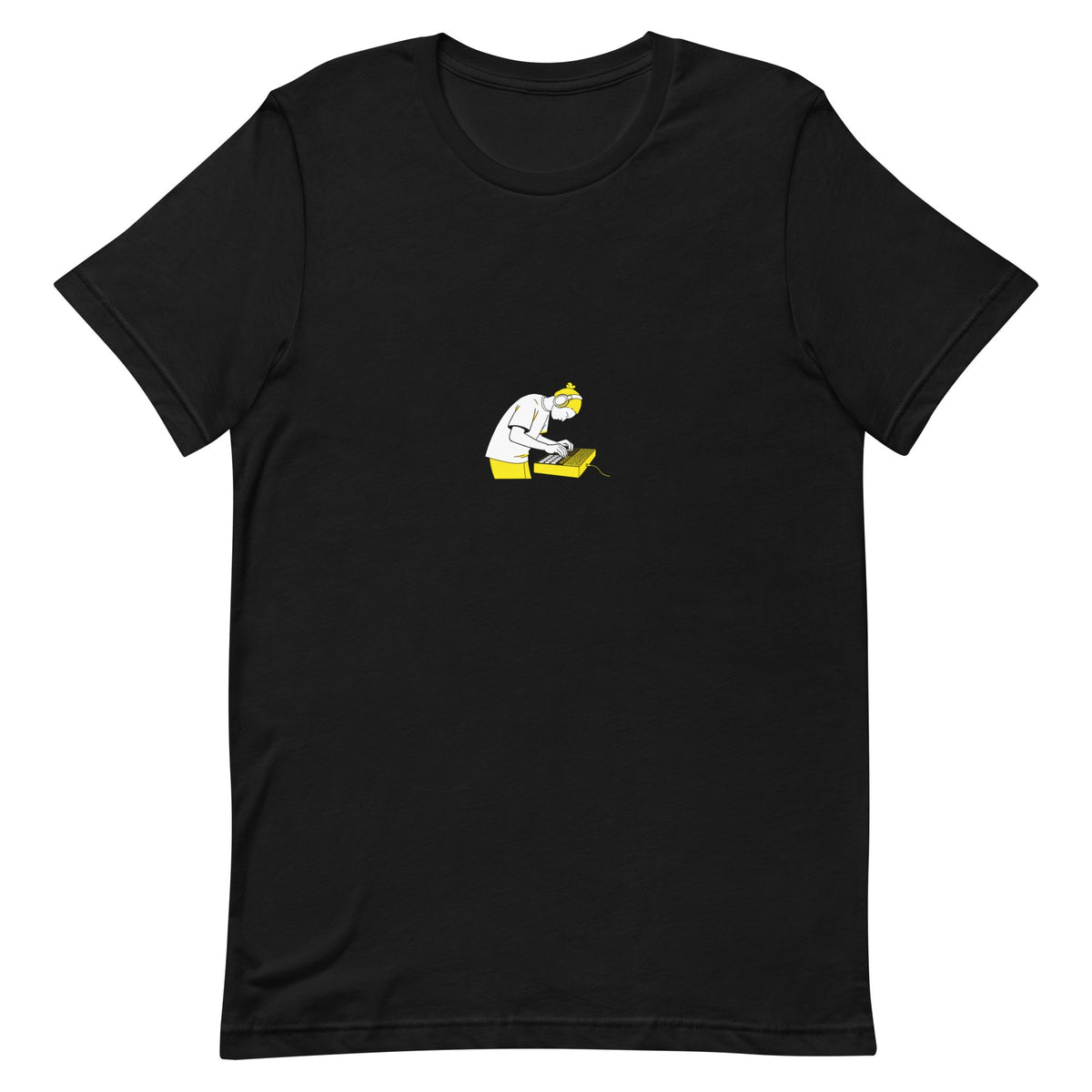 Black t-shirt with a white-and-yellow illustration of a producer on an MPC drum machine — Ghostnote music producer tee, flat front