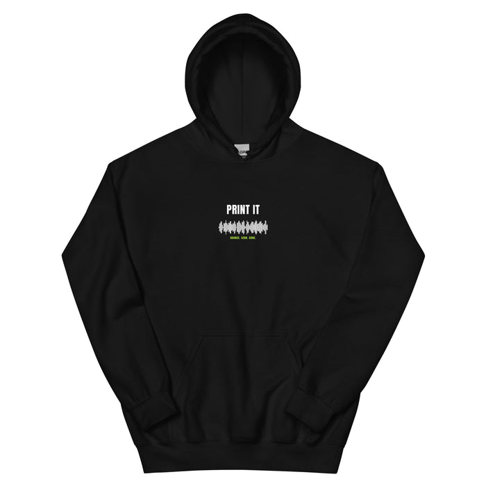 Black hoodie with a rendered waveform and bold 'PRINT IT' on the chest — Ghostnote studio engineer streetwear, flat front