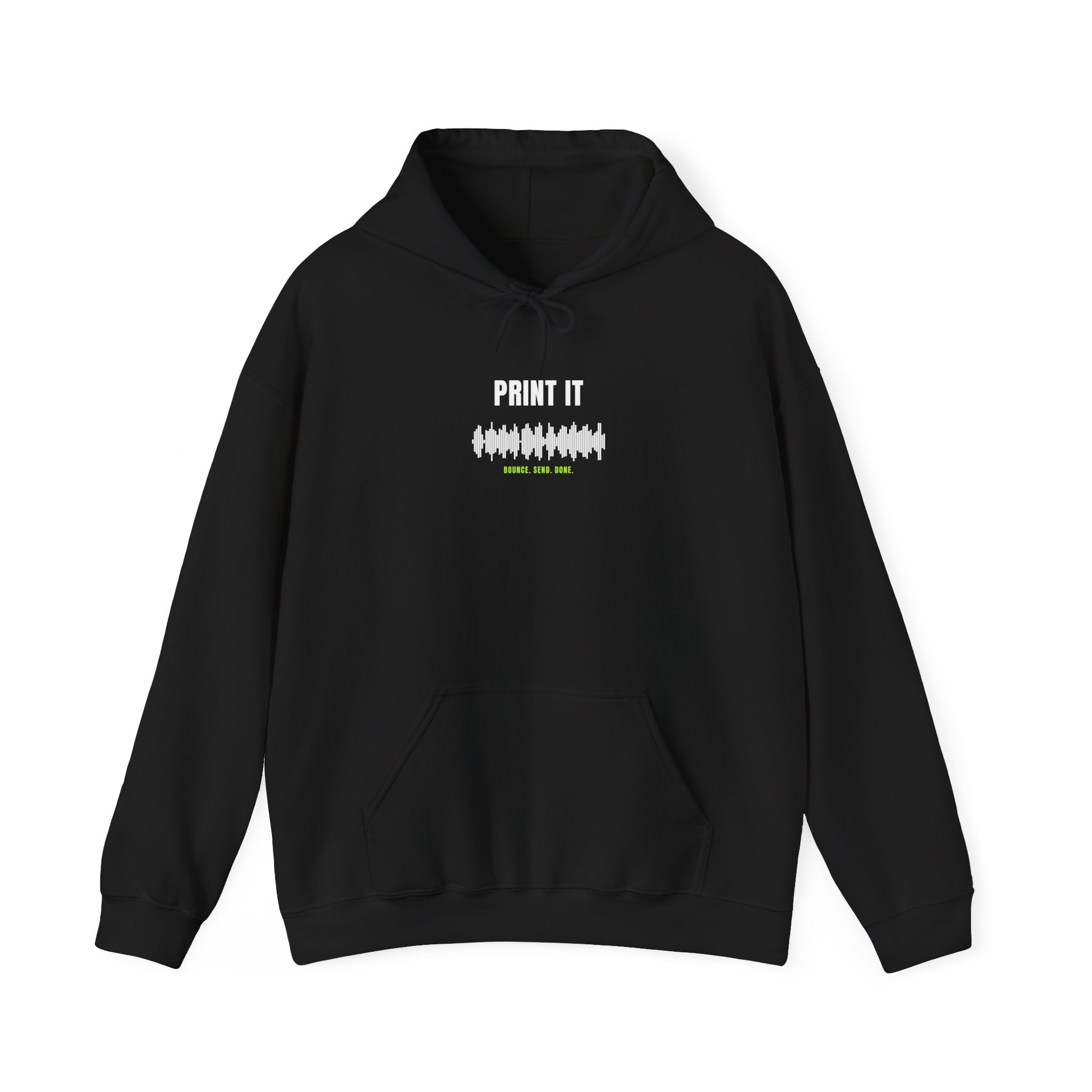 Black hoodie with a rendered waveform and bold 'PRINT IT' on the chest — Ghostnote studio engineer streetwear