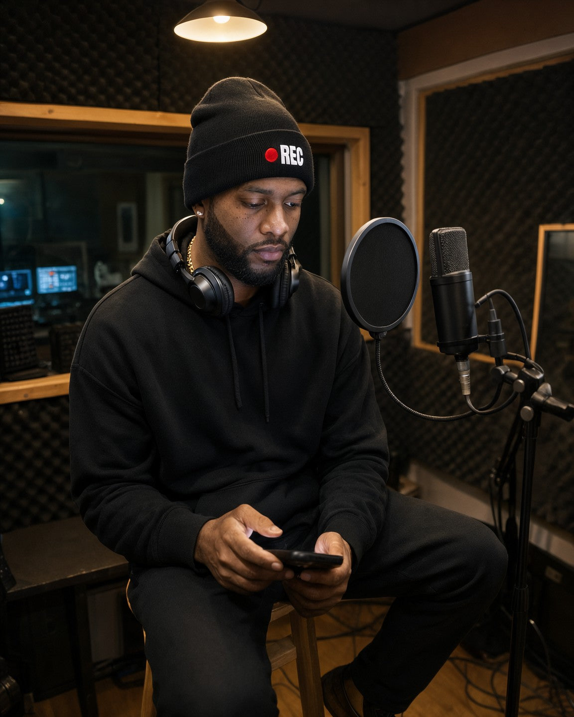 Man wearing the REC hip hop beanie in black, sitting in a vocal booth with headphones round his neck