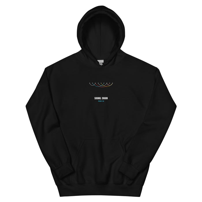 Black hoodie with a patchbay of colorful looping patch cables and 'SIGNAL CHAIN' — Ghostnote audio engineer streetwear, flat front